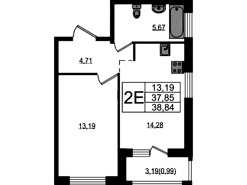 1-комнатная квартира 38.84 м², 11/15 эт., ЖК «Южная Нева»